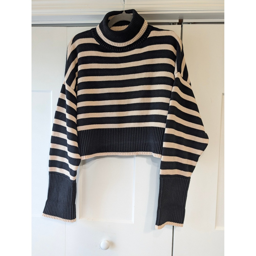 Denimist Striped Cropped Turtleneck Sweater Black Cream Chunky Knit Cotton M
